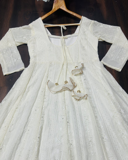 Ivory-White Chikankari Anarkali Suit Set