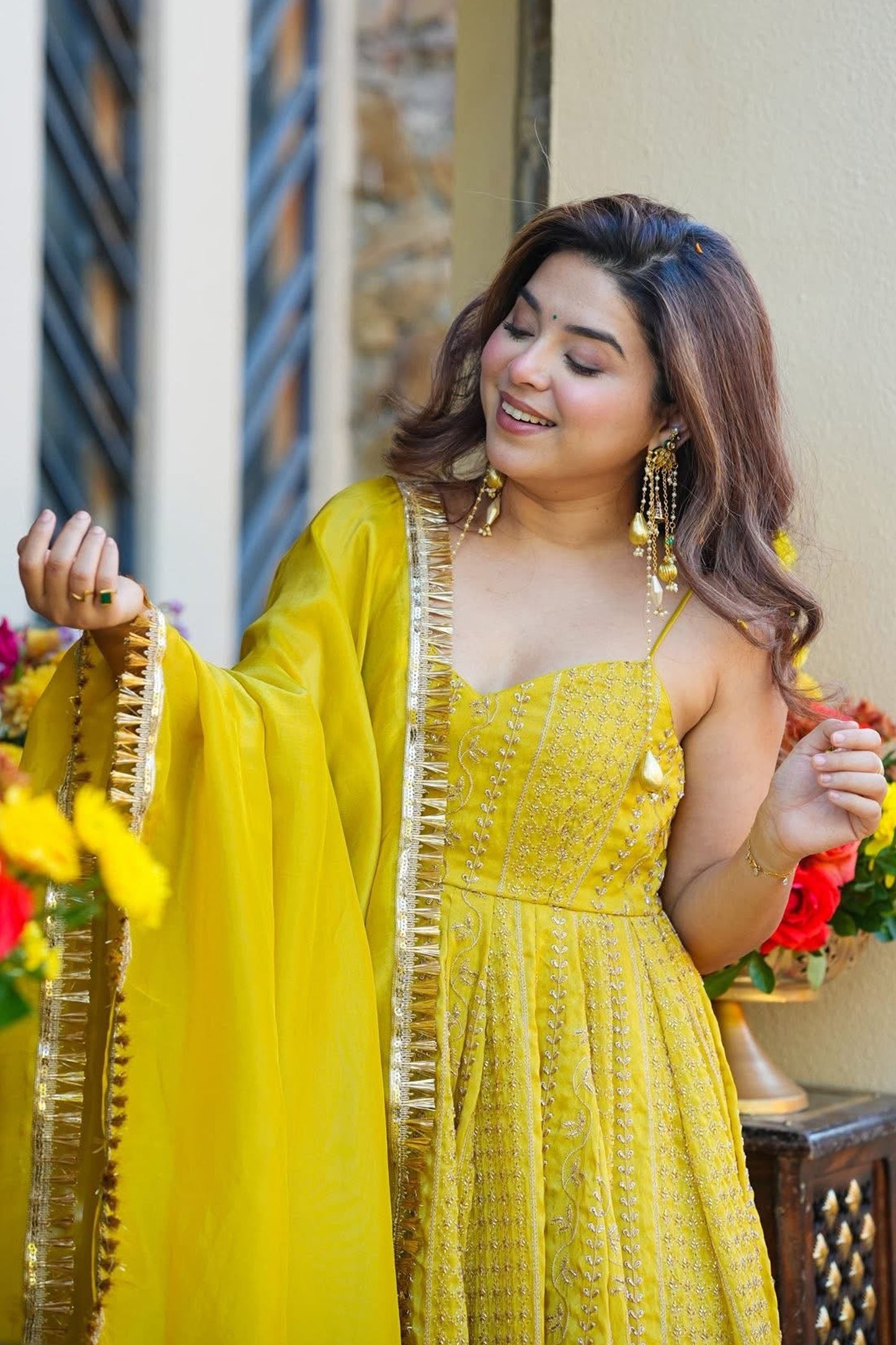 Basanti Mustard Yellow Zari-Sequin Embroidery Anarkali Suit Set
