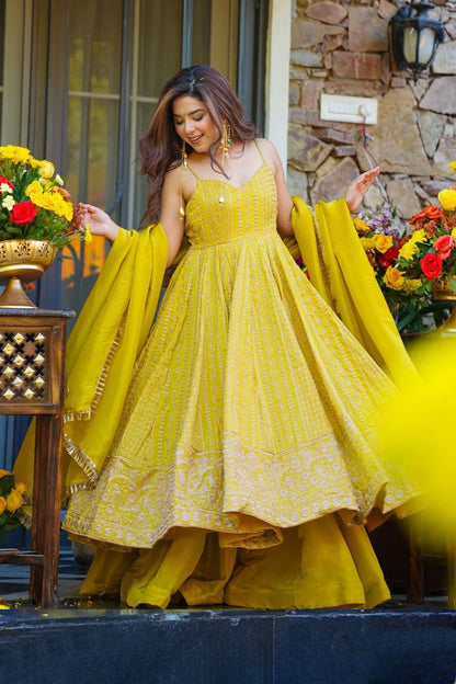 Basanti Mustard Yellow Zari-Sequin Embroidery Anarkali Suit Set