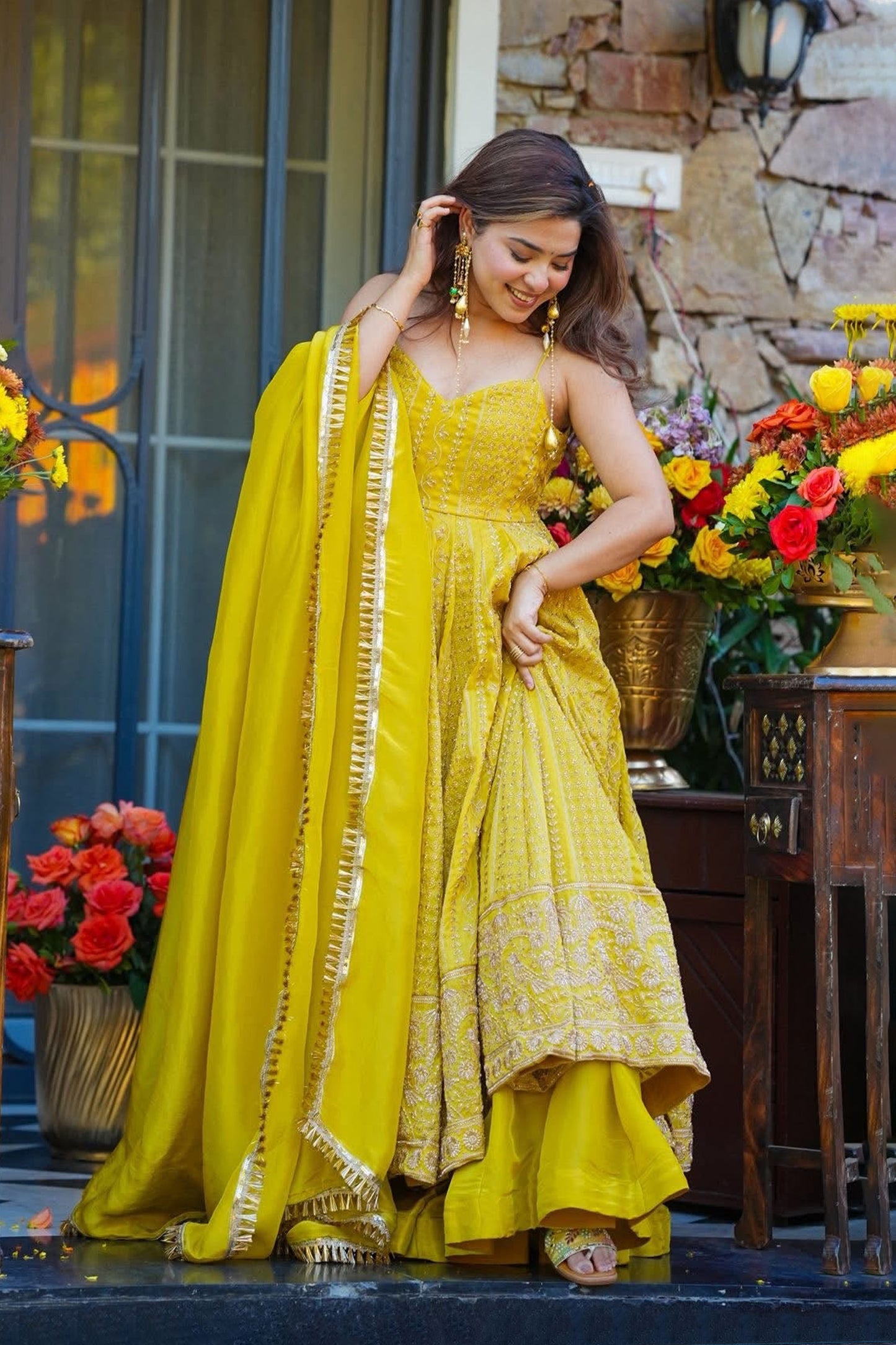Basanti Mustard Yellow Zari-Sequin Embroidery Anarkali Suit Set