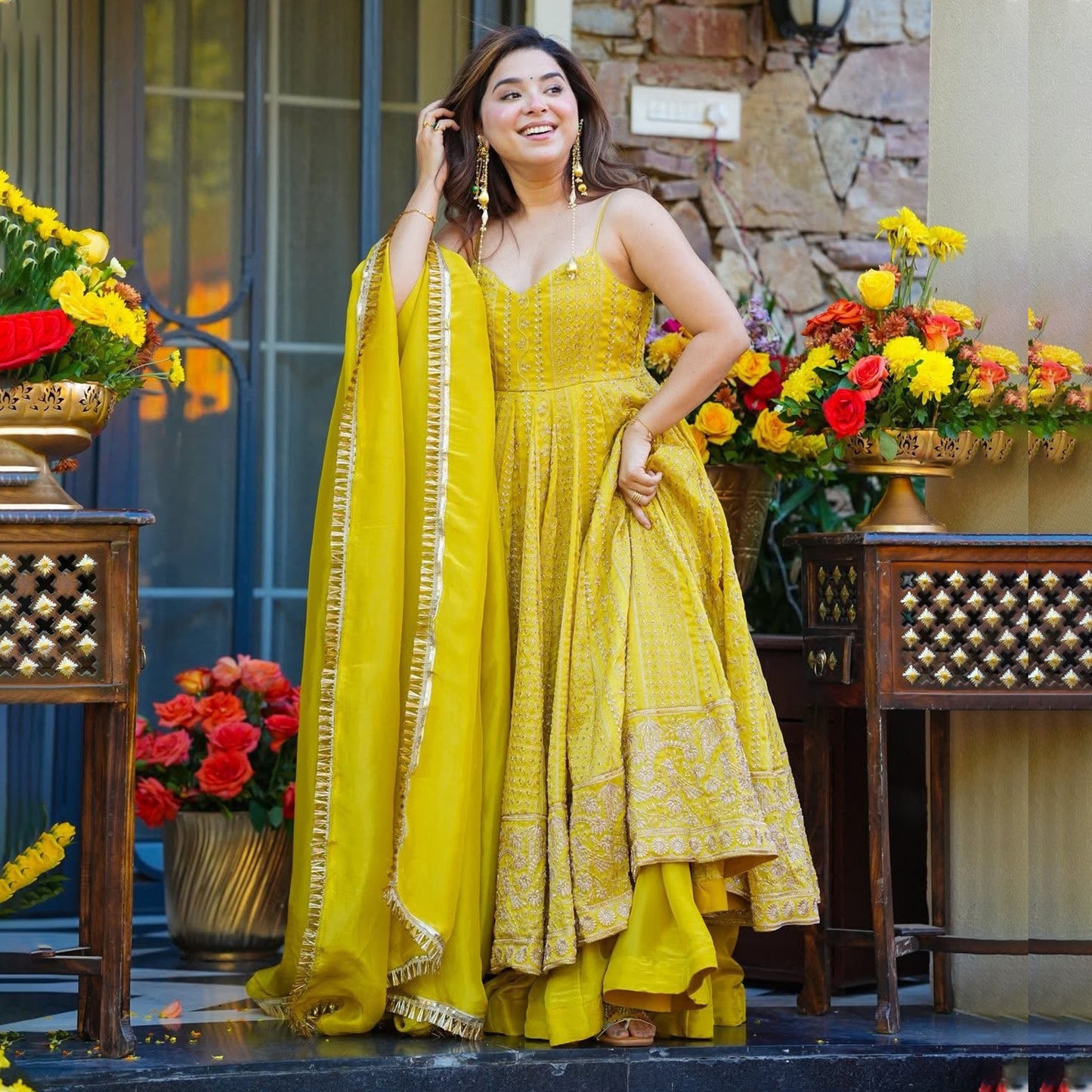 Basanti Mustard Yellow Zari-Sequin Embroidery Anarkali Suit Set