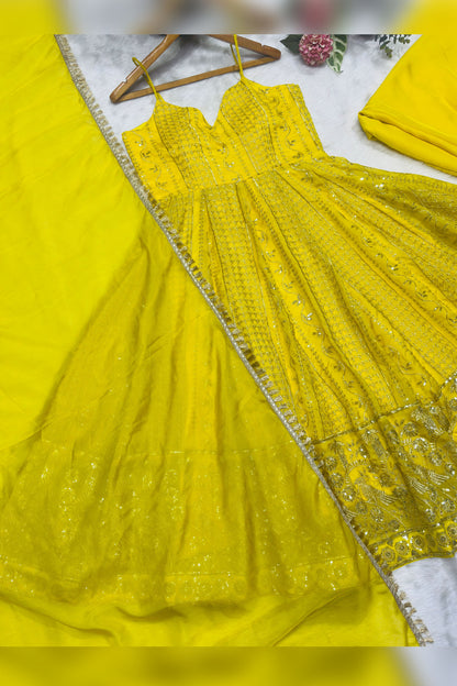 Basanti Mustard Yellow Zari-Sequin Embroidery Anarkali Suit Set