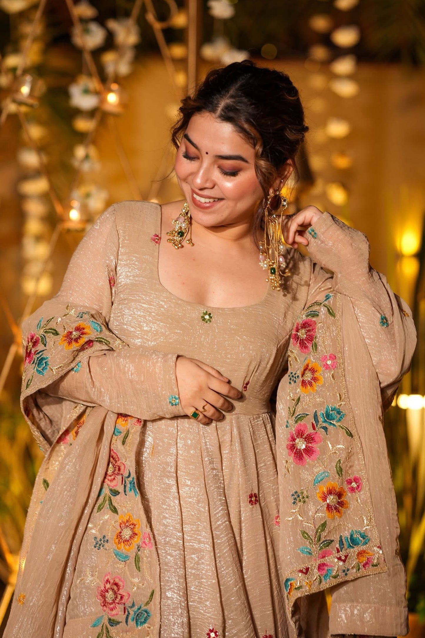 Gulzar Champagne Beige Floral Embroidered Anarkali Suit Set