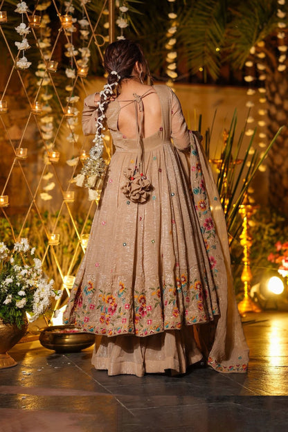 Gulzar Champagne Beige Floral Embroidered Anarkali Suit Set