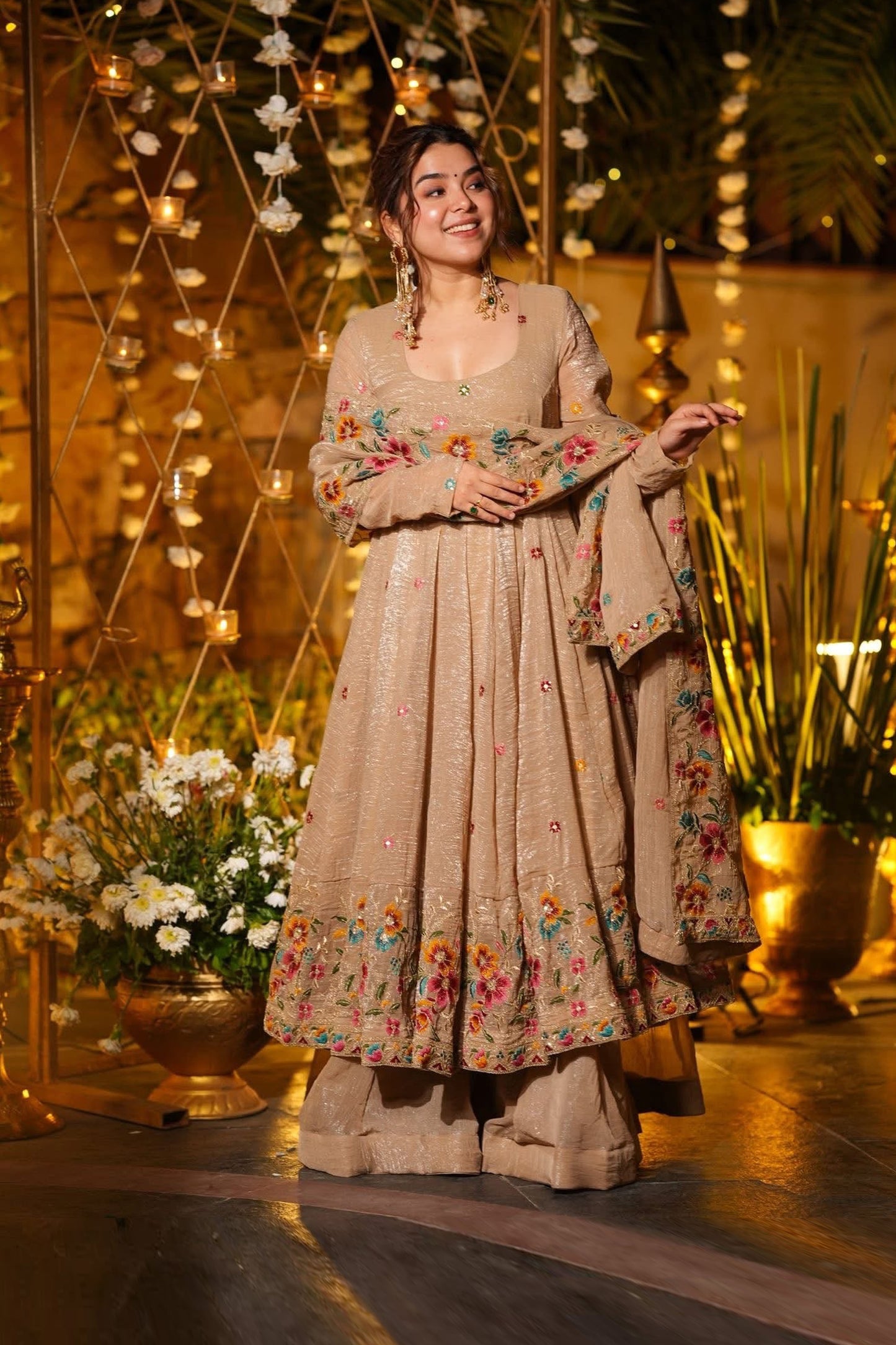 Gulzar Champagne Beige Floral Embroidered Anarkali Suit Set