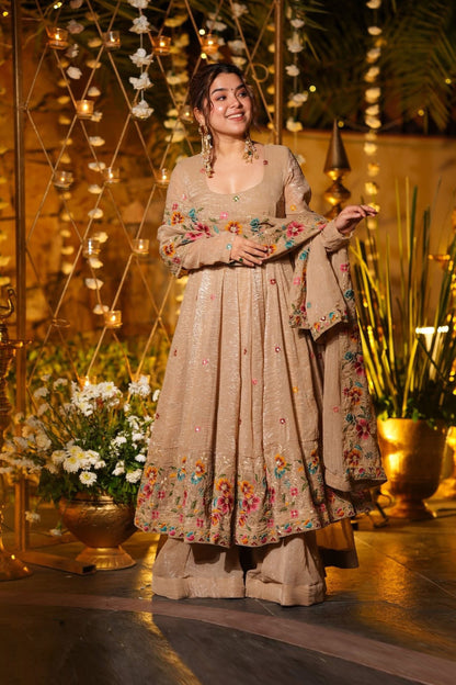 Gulzar Champagne Beige Floral Embroidered Anarkali Suit Set