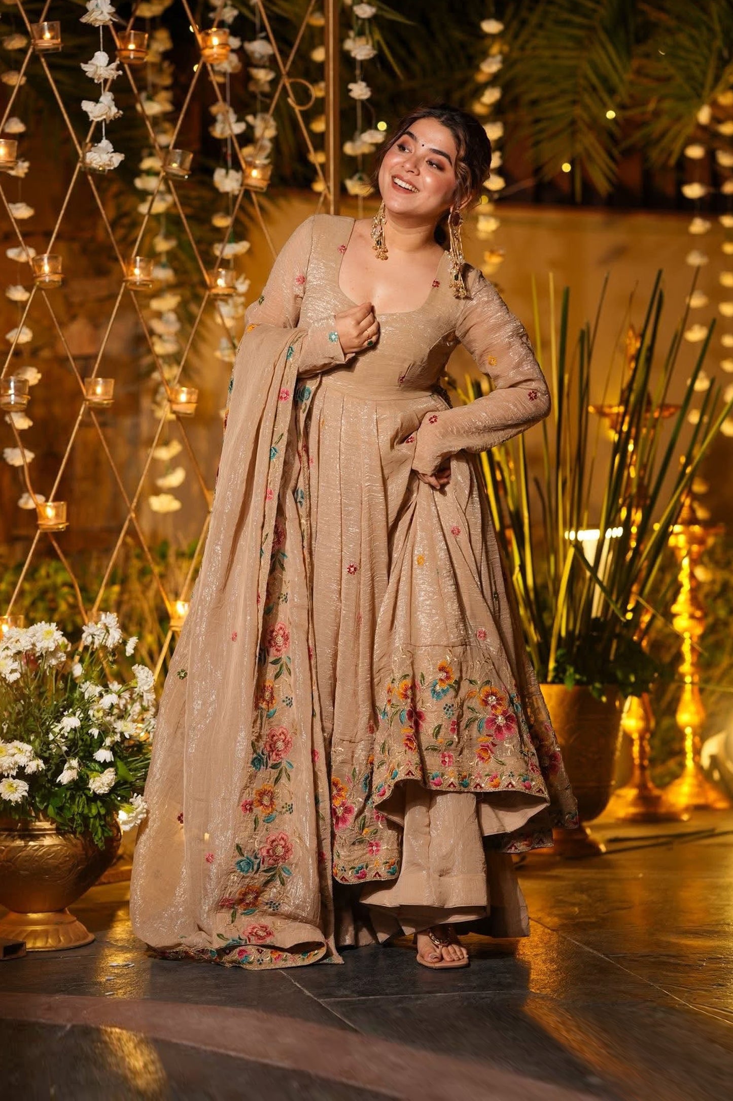 Gulzar Champagne Beige Floral Embroidered Anarkali Suit Set