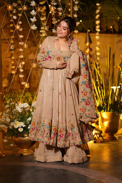 Gulzar Champagne Beige Floral Embroidered Anarkali Suit Set