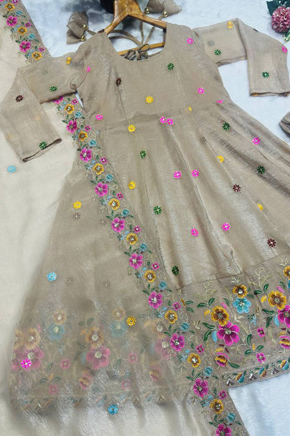 Gulzar Champagne Beige Floral Embroidered Anarkali Suit Set