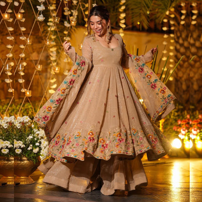 Gulzar Champagne Beige Floral Embroidered Anarkali Suit Set
