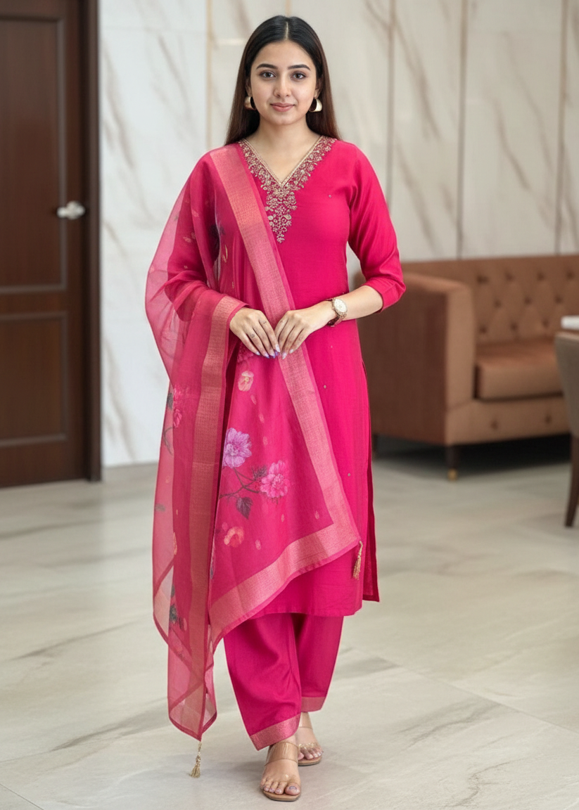 RANI PINK EMBROIDERED NECK KURTA SET WITH FLORAL DUPATTA