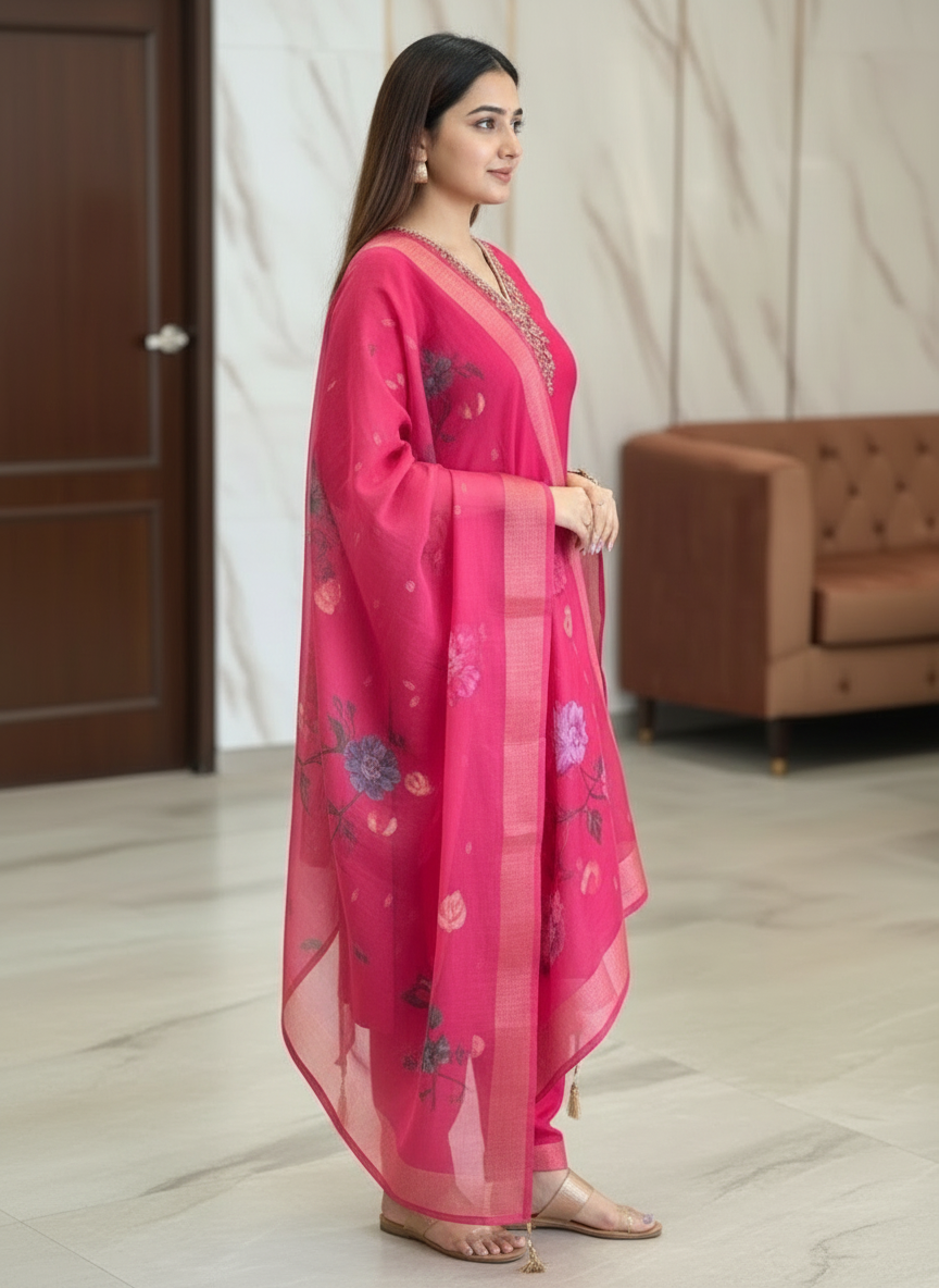 RANI PINK EMBROIDERED NECK KURTA SET WITH FLORAL DUPATTA