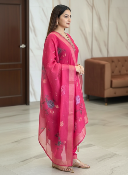 RANI PINK EMBROIDERED NECK KURTA SET WITH FLORAL DUPATTA