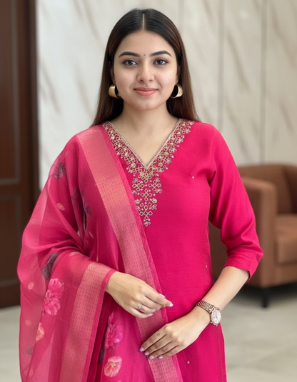 RANI PINK EMBROIDERED NECK KURTA SET WITH FLORAL DUPATTA