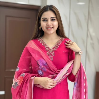 RANI PINK EMBROIDERED NECK KURTA SET WITH FLORAL DUPATTA