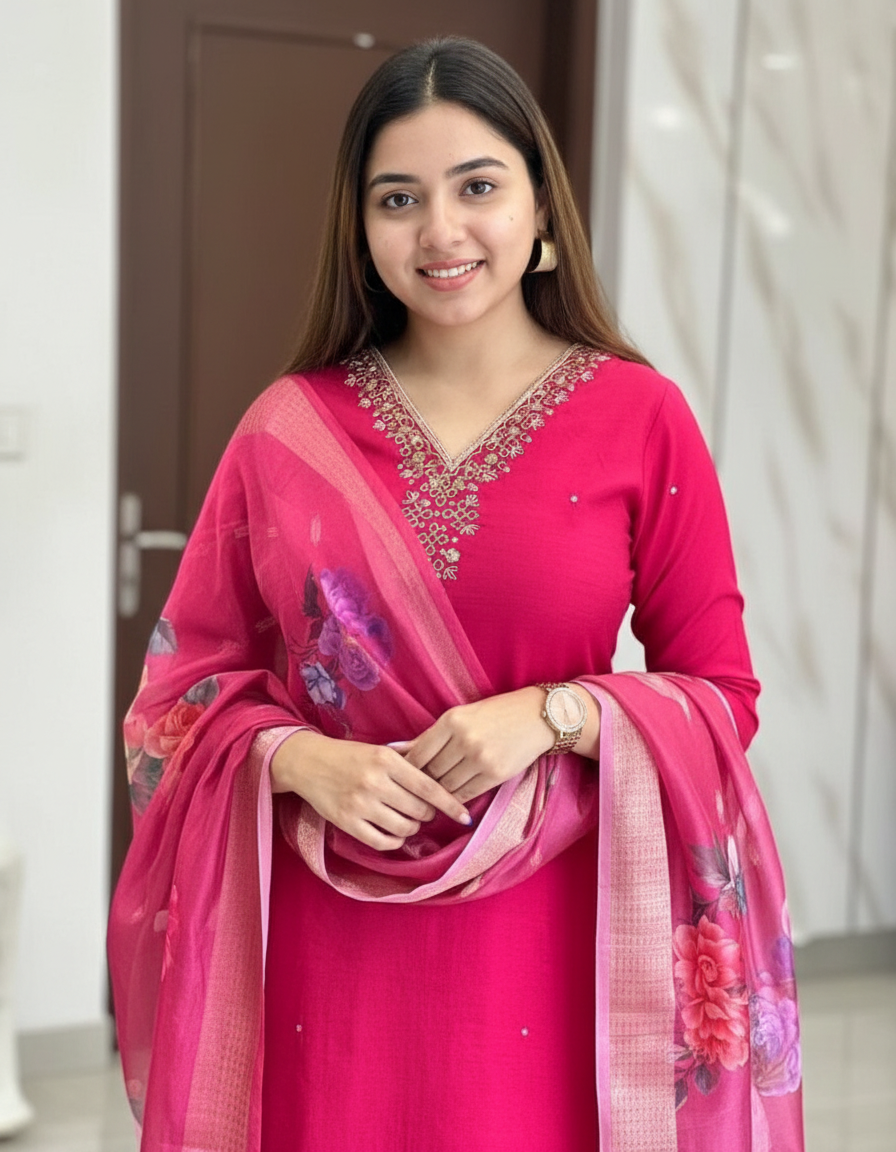 RANI PINK EMBROIDERED NECK KURTA SET WITH FLORAL DUPATTA