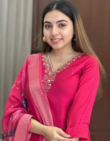 RANI PINK EMBROIDERED NECK KURTA SET WITH FLORAL DUPATTA