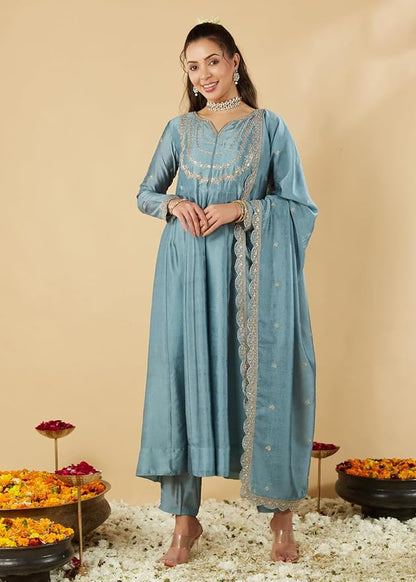 MUSKAN BLUE EMBROIDERED ANARKALI KURTA SET