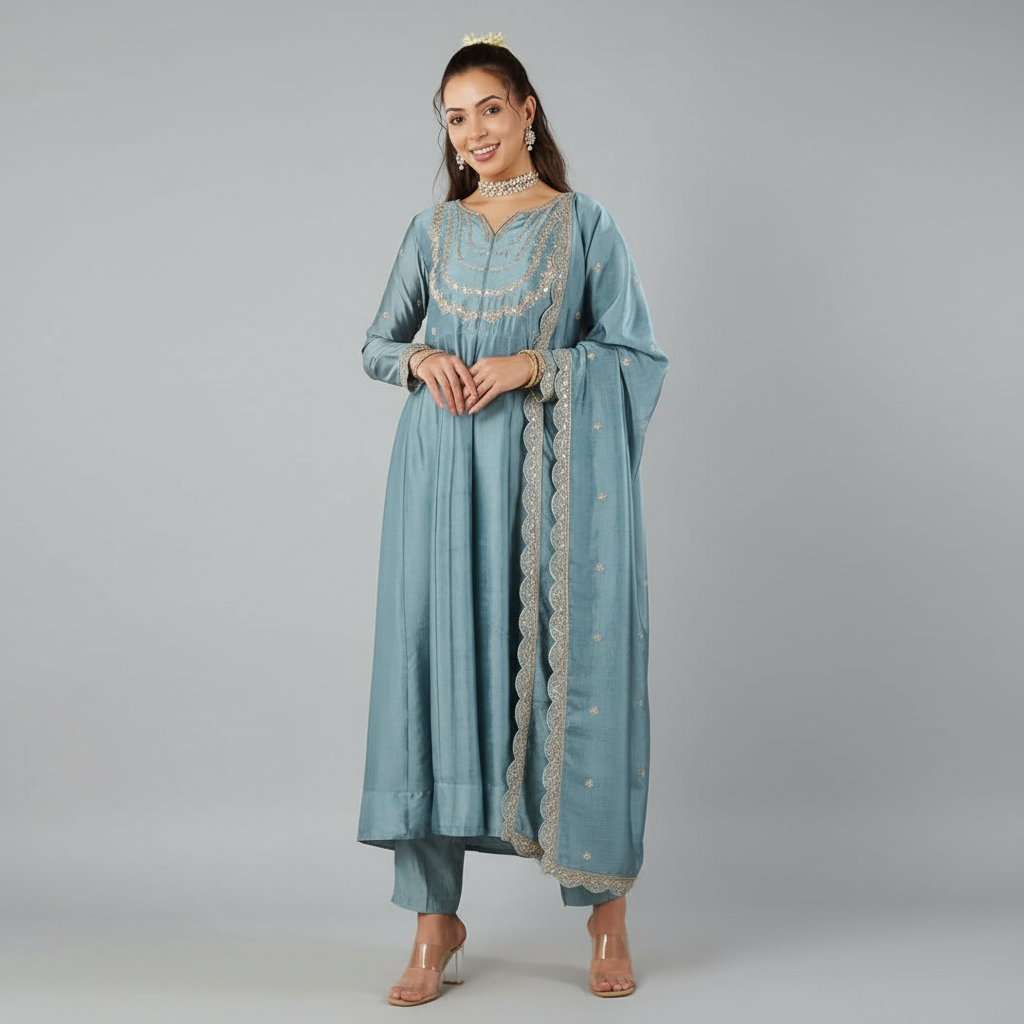 MUSKAN BLUE EMBROIDERED ANARKALI KURTA SET