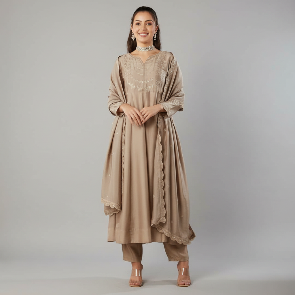 MUSKAN CREAM EMBROIDERED ANARKALI KURTA SET
