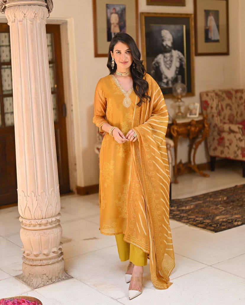 NORA MUSTARD YELLOW HAND-EMBROIDERED COTTON SILK SUIT SET