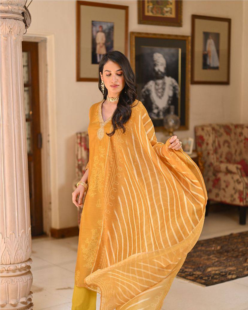 NORA MUSTARD YELLOW HAND-EMBROIDERED COTTON SILK SUIT SET
