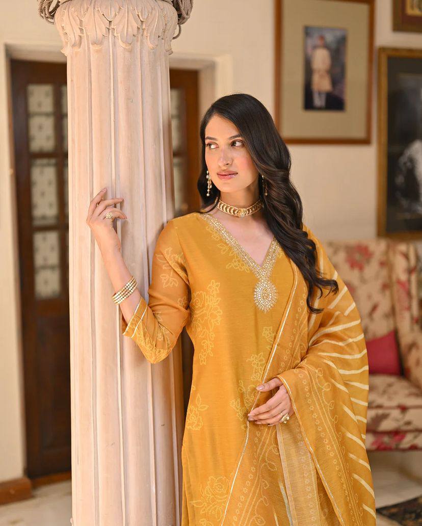 NORA MUSTARD YELLOW HAND-EMBROIDERED COTTON SILK SUIT SET