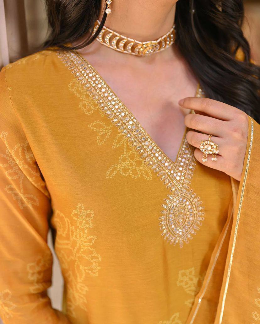 NORA MUSTARD YELLOW HAND-EMBROIDERED COTTON SILK SUIT SET