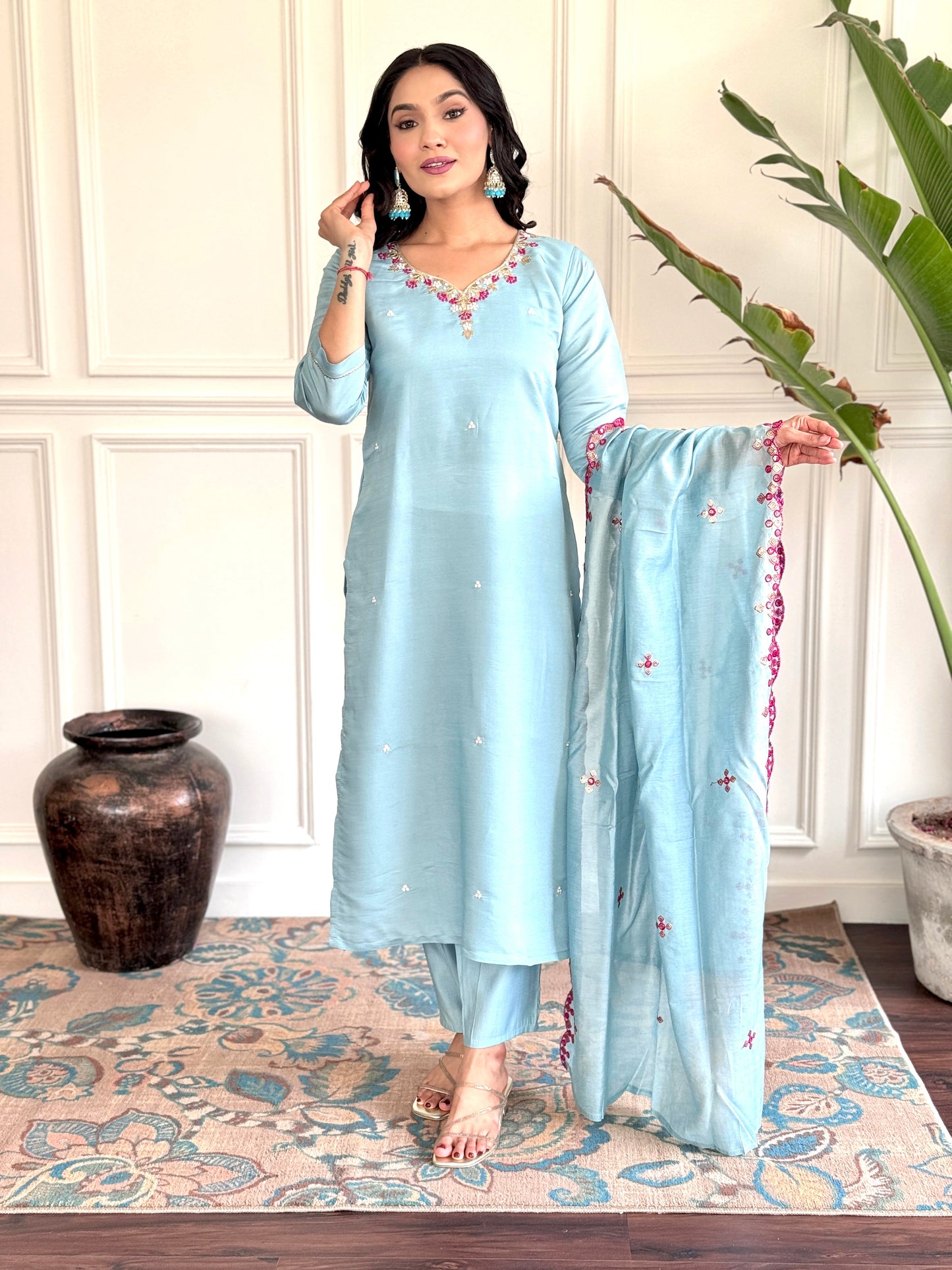 SKY BLUE SILK EMBROIDERED STRAIGHT SUIT SET