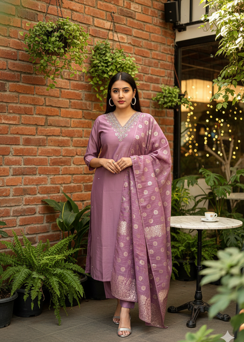 LAVENDER EMBROIDERED ETHNIC FESTIVE TRADITIONAL SILK KURTA SET
