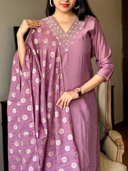 LAVENDER EMBROIDERED ETHNIC FESTIVE TRADITIONAL SILK KURTA SET
