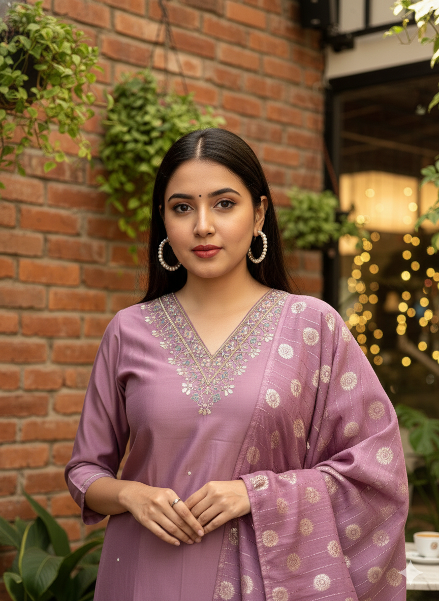 LAVENDER EMBROIDERED ETHNIC FESTIVE TRADITIONAL SILK KURTA SET