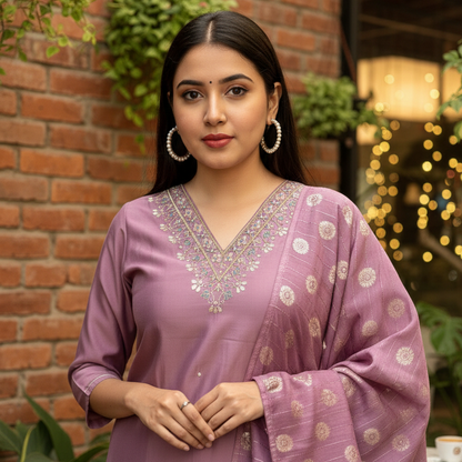 LAVENDER EMBROIDERED ETHNIC FESTIVE TRADITIONAL SILK KURTA SET