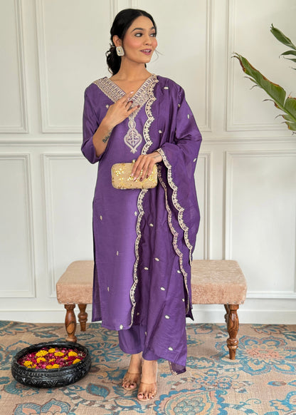 LAVENDER COTTON KURTA PANT DUPATTA COMBO