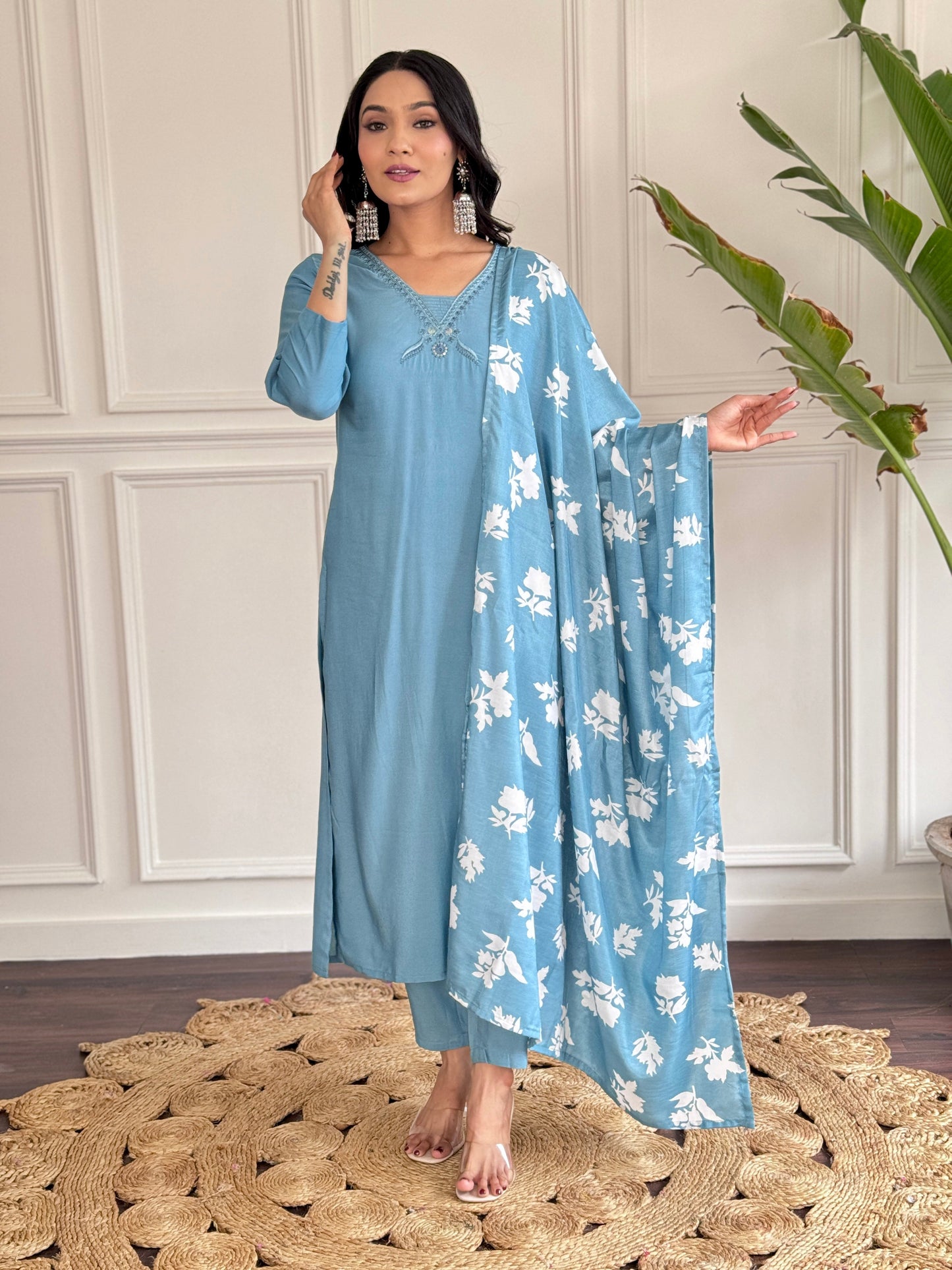 SKY BLUE KURTA PANT DUPATTA SET FOR WORK