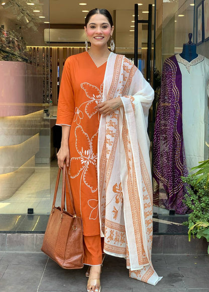 ORANGE ALL-DAY WEAR KURTA PANT DUPATTA SET