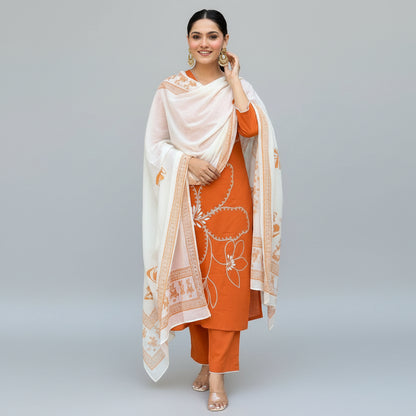 ORANGE ALL-DAY WEAR KURTA PANT DUPATTA SET