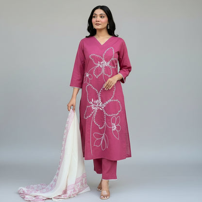 PINK COTTON BLEND KURTA SET FOR WOMEN