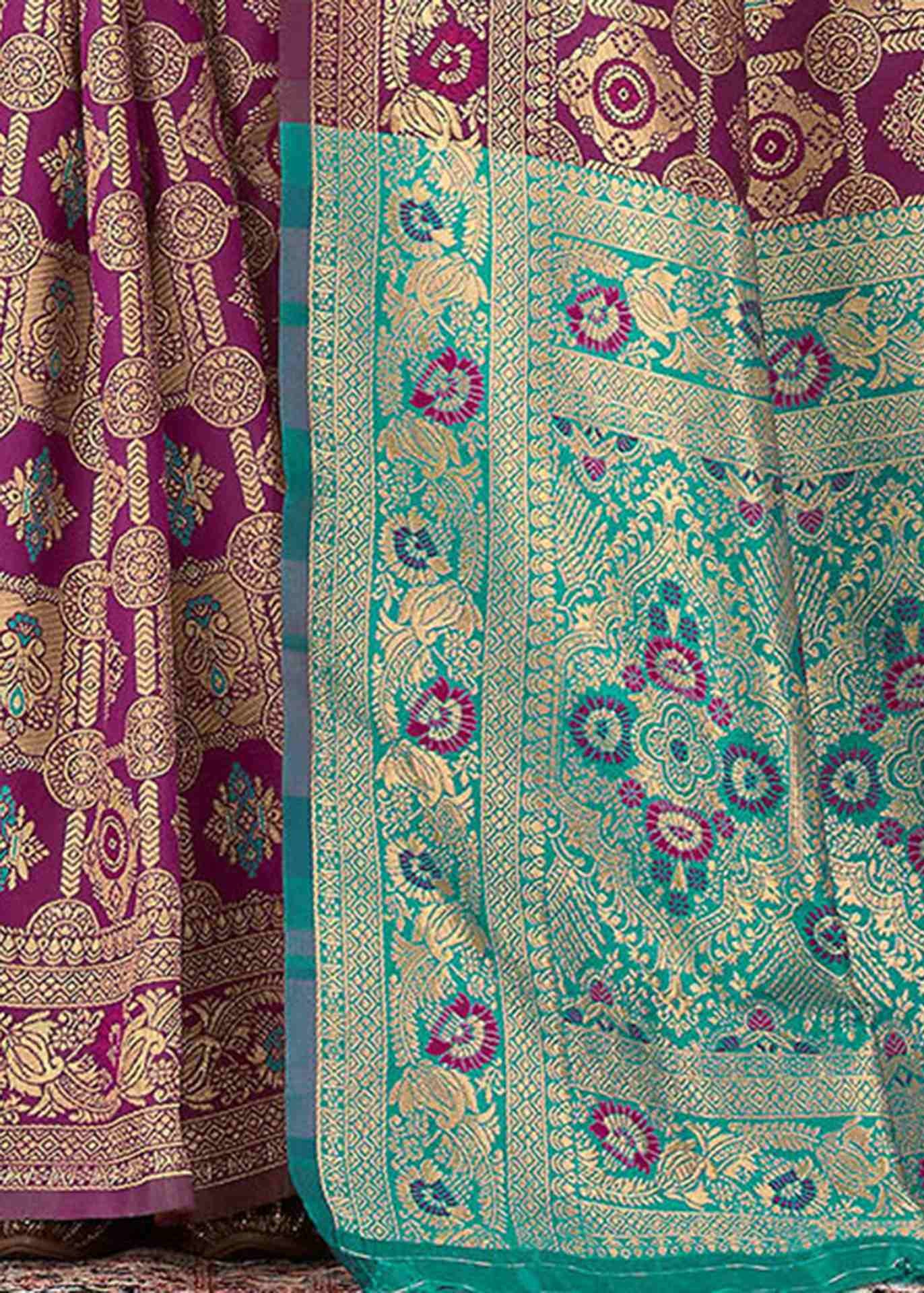 Royal Wine Banarasi Silk Saree with Turquoise Zari Border