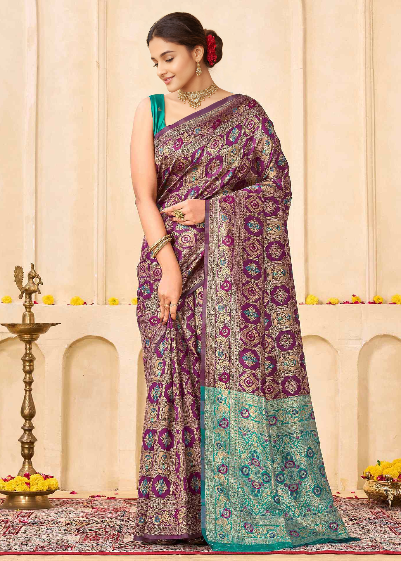 Royal Wine Banarasi Silk Saree with Turquoise Zari Border