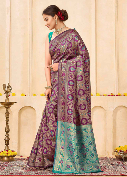 Royal Wine Banarasi Silk Saree with Turquoise Zari Border
