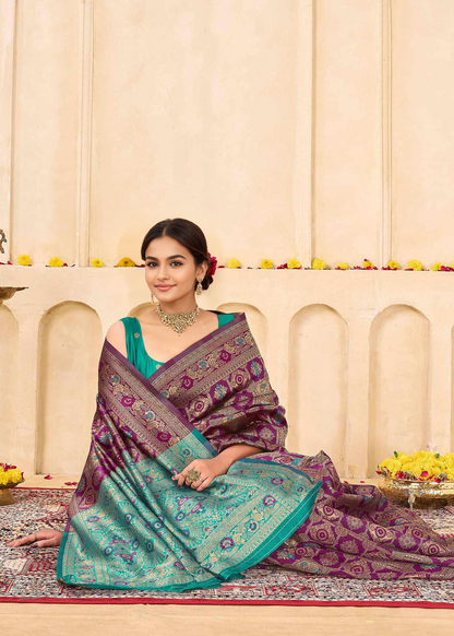 Royal Wine Banarasi Silk Saree with Turquoise Zari Border