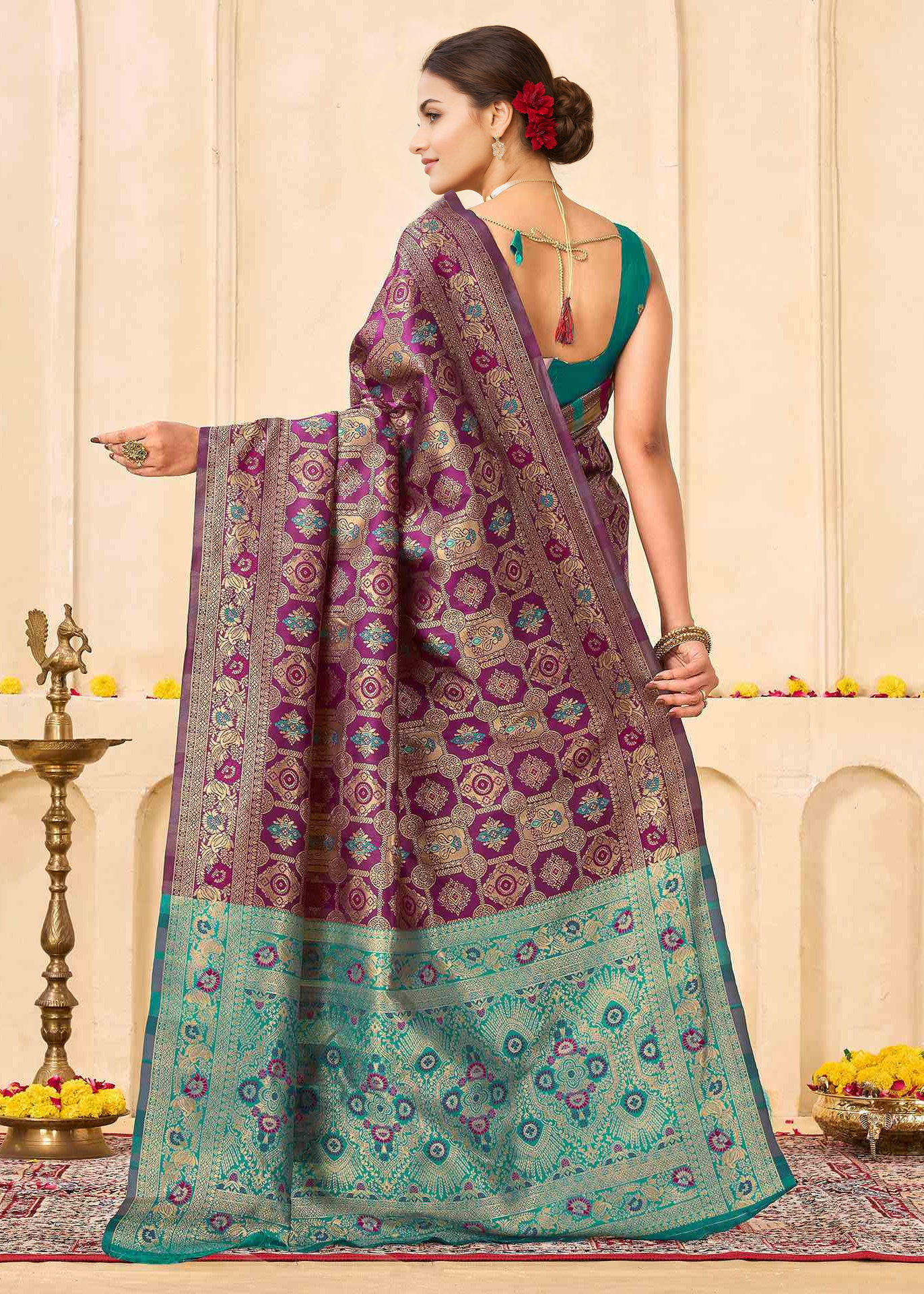 Royal Wine Banarasi Silk Saree with Turquoise Zari Border