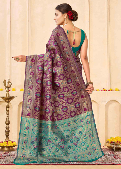 Royal Wine Banarasi Silk Saree with Turquoise Zari Border