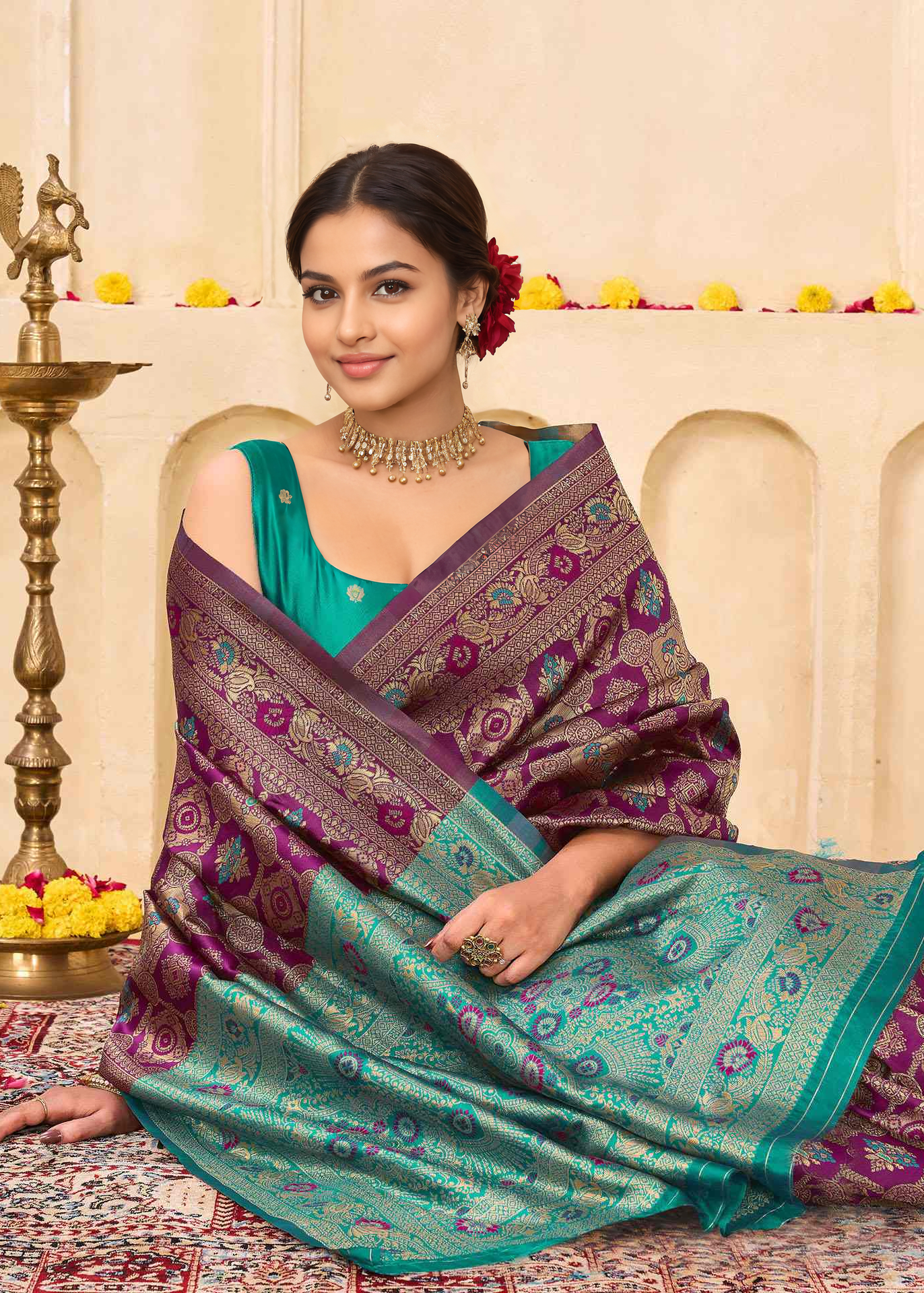 Royal Wine Banarasi Silk Saree with Turquoise Zari Border