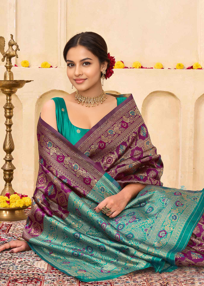 Royal Wine Banarasi Silk Saree with Turquoise Zari Border
