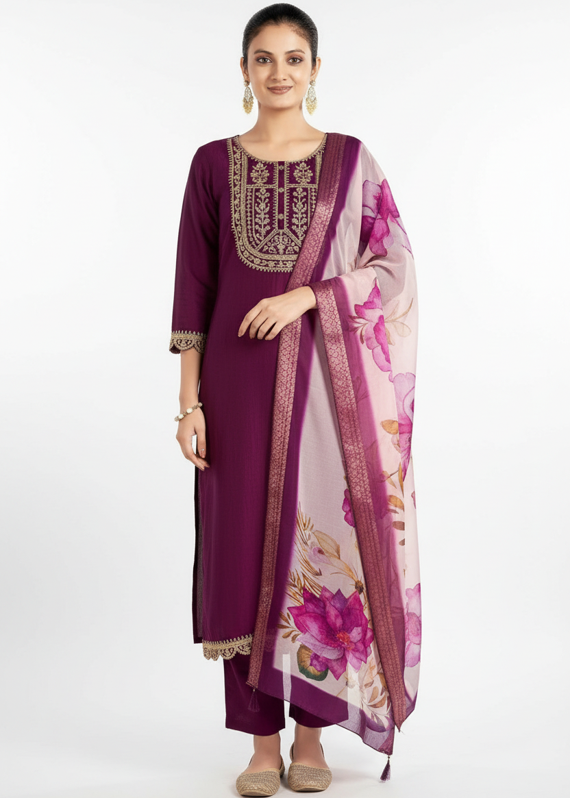 Woman wearing a purple traditional outfit with a floral scarf on a white background