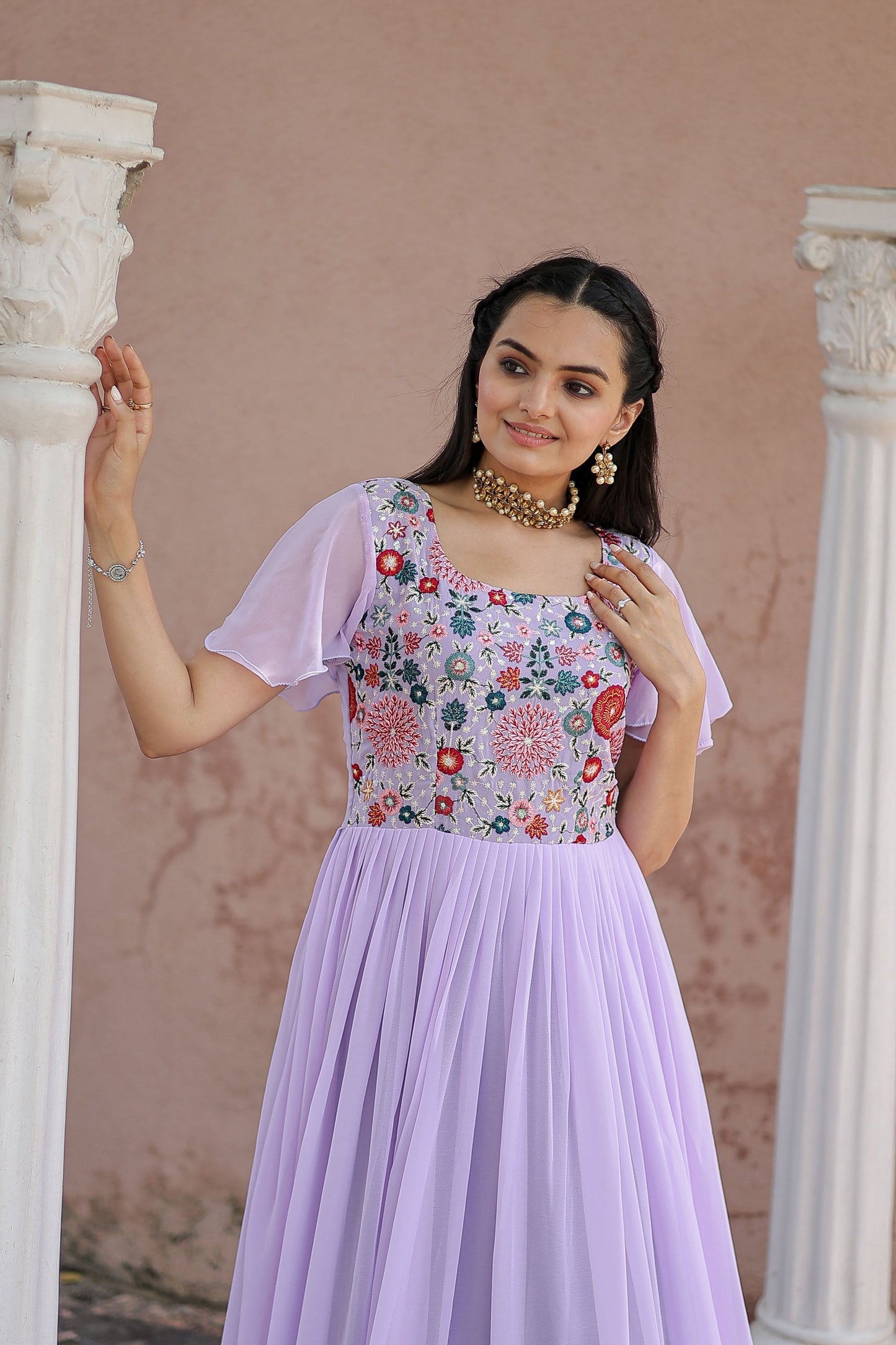 PURPLE FAUX GEORGETTE WITH SEQUINS MULTITHREADED EMBROIDERED WORK GOWN