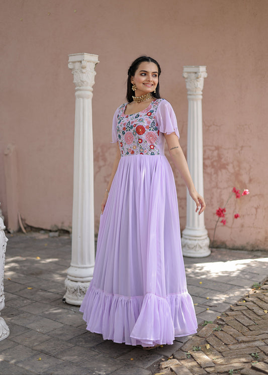 PURPLE FAUX GEORGETTE WITH SEQUINS MULTITHREADED EMBROIDERED WORK GOWN