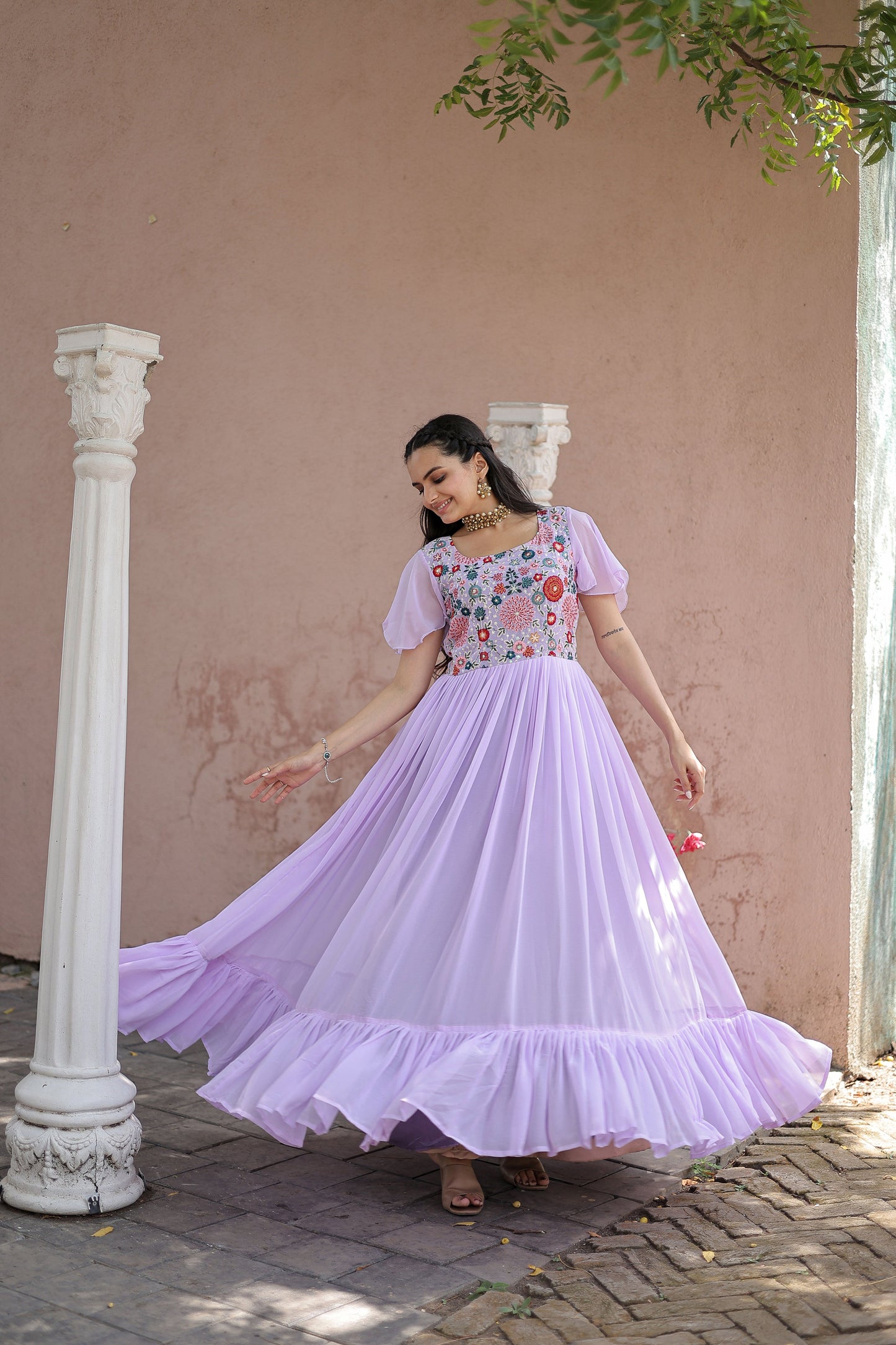 PURPLE FAUX GEORGETTE WITH SEQUINS MULTITHREADED EMBROIDERED WORK GOWN